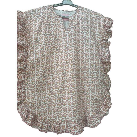 Quiet Culture Cotton Poplin Lounge Dress Pink Green Geometric Ruffle Trim NWT - Picture 2 of 6